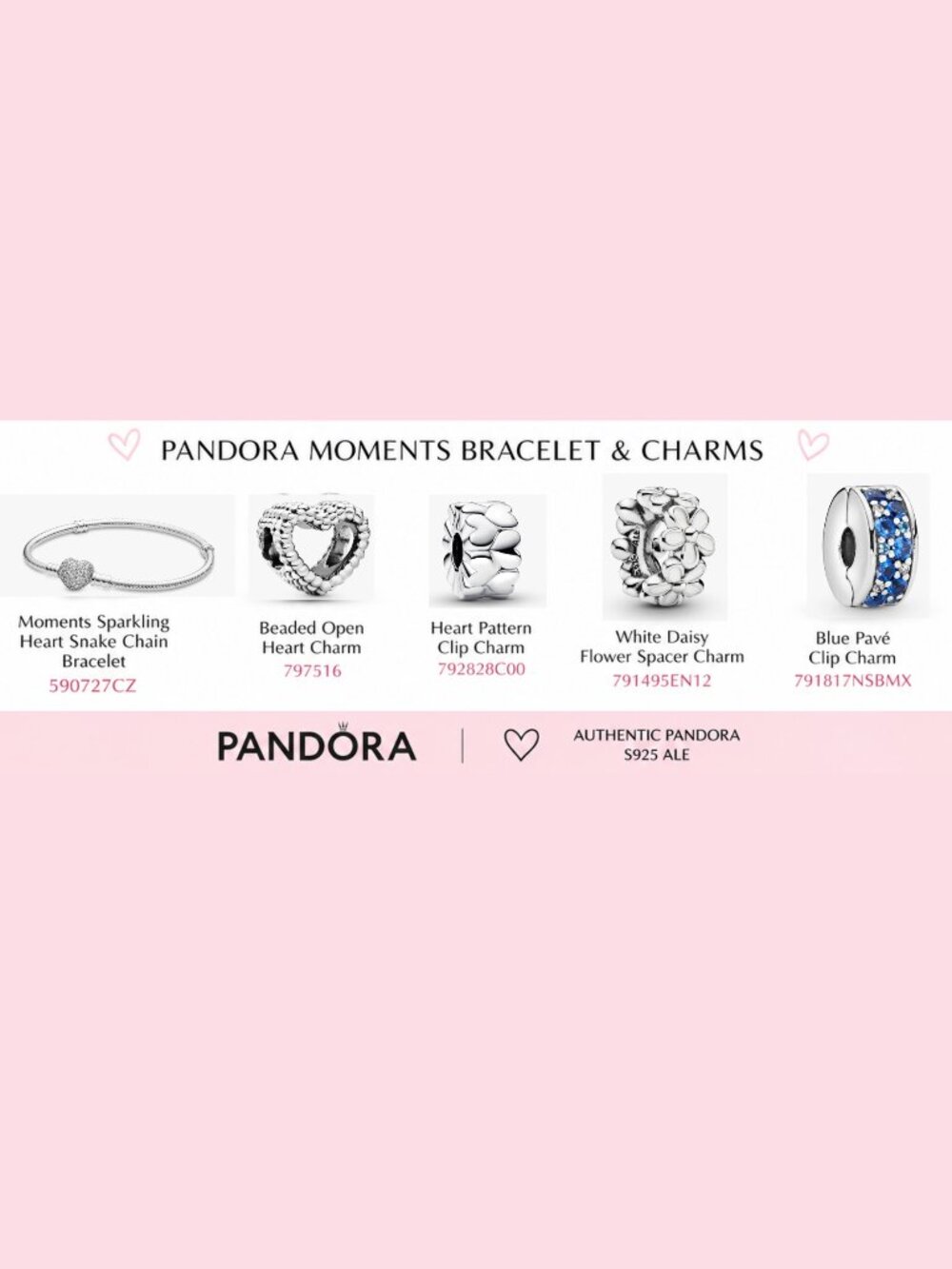 Pandora Moments Sparkling Heart Bracelet & 4 Charm Set w/ Box